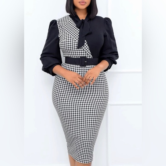 Houndstooth Bow Square Neck Dress